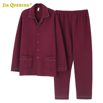 

New Long Sleeve Long Pants Man Clothes Sleepwear Homesuit Homeclothes Pijamas Set Front Pocket Man 3 Layers Padded Cotton