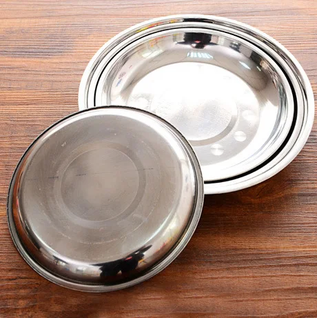 

Meal Flat Round Plate Stainless Steel Food Fruit Dish Dessert Bread Tray Container Food Grade Dish Plate Thick Tableware