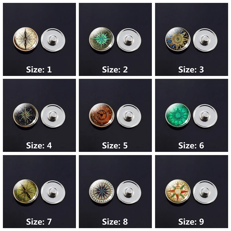 

5pcs Vintage Compass Printed 18mm Snap Button Glass Cabochon Press Buttons Diy Charms Fit Snap Bracelet Necklace Accessories