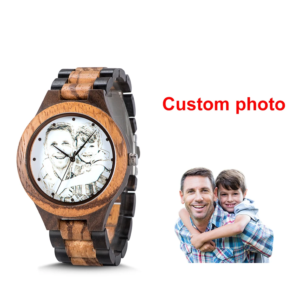 Пользовательские логотип печать фото мужские часы Уникальный Бамбук Дерево выгравировать Изображение Наручные часы Творческий Юбилей Рождество подарок на день рождения