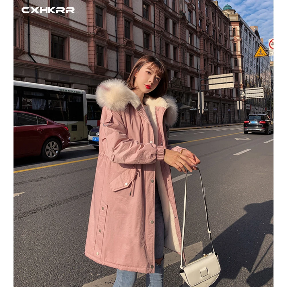 CXHKRR Fashion Long Parka Coat Jacket Oversized Cotton Jacket Women Winter Faux Fur Collar Hooded Jacket Cotton Women