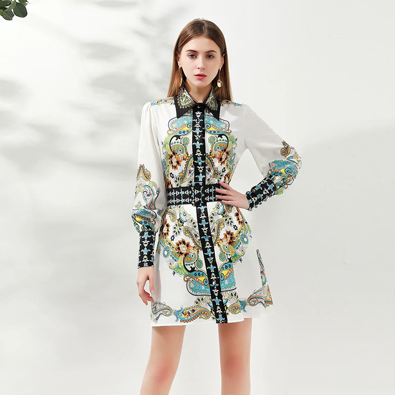 

Xiaomolly fashion elegant square collar Lantern Sleeve with diamond belt print dress 2020 new winter