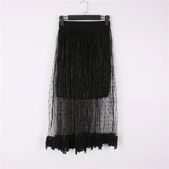 

Runway Polka Dot Mesh Women Skirt Knitted Elegant Hollow Out Ladies Short Midi Skirt Fashion Summer Female Skirt Holiday Bottoms