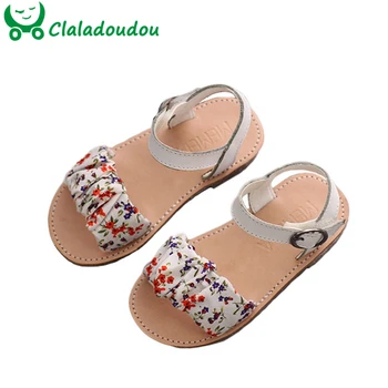 

13.5-18.5cm Genuine Leather Girls Flowers Sandals Lace Pleated Princess Girls Summer Sandals Flats For 3-6Years Little Girls