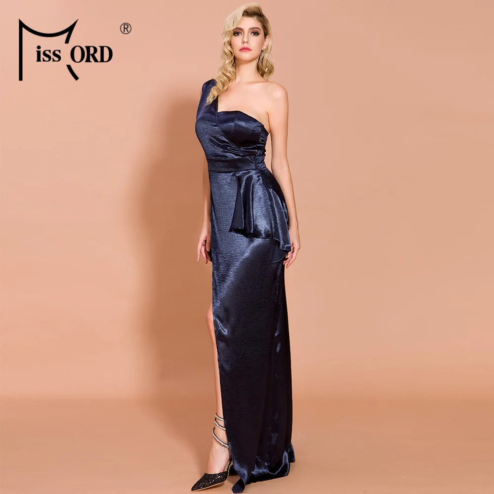 Missord осеннее и зимнее платье с открытыми плечами и открытой спиной, одноцветное сатиновое платье, женское элегантное Макси платье с высоким разрезом FT19800
