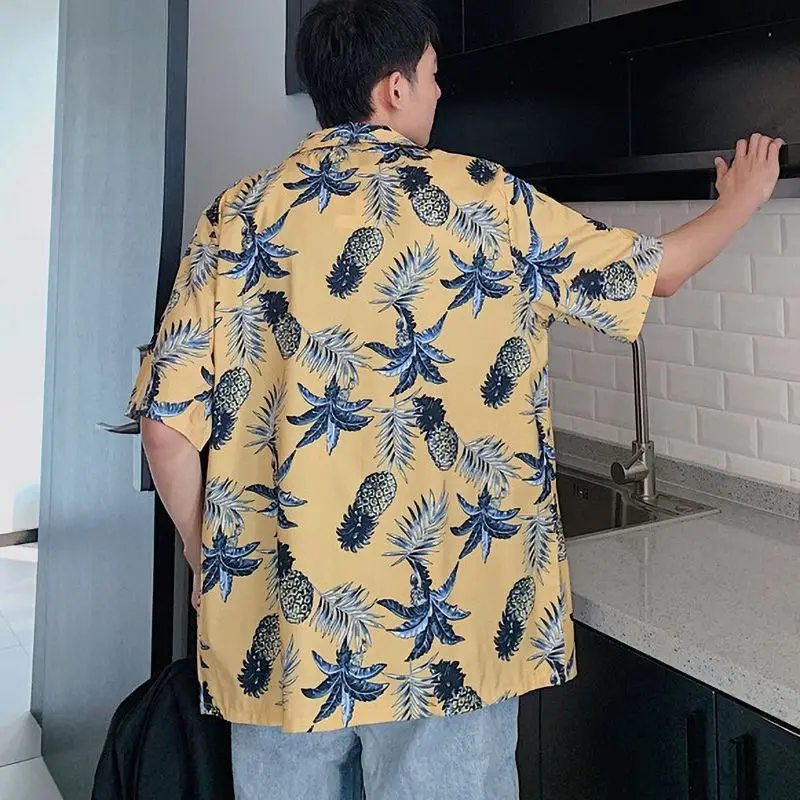 Men Fashion Summer Shirts Leaves Flower Pineapple Print Loose Short Sleeve Shirt Male Hawaiian Style Beach Shirt x