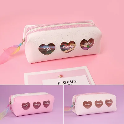 

Pencil case Three-hearted two-hearted pencil case Harajuku style ins large capacity cosmetic storage bag for girls