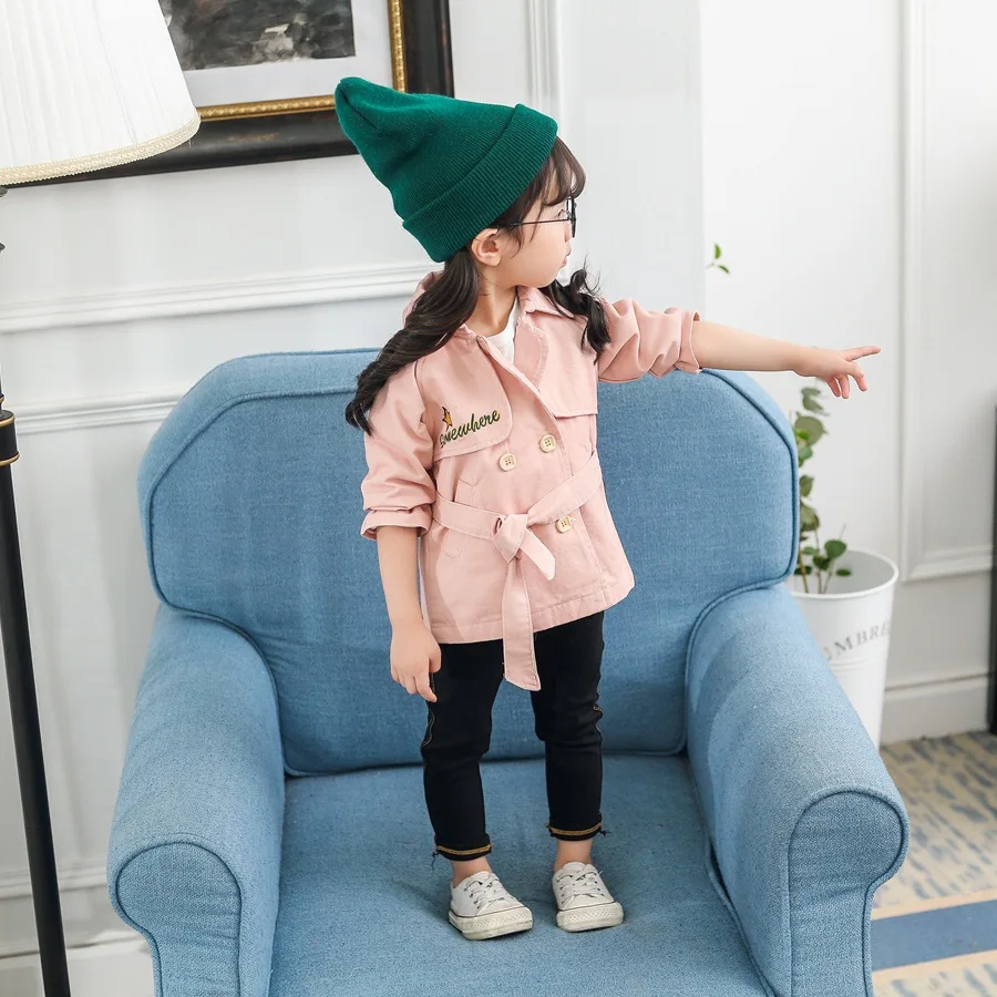 

Spring New Style Children Trench Coat Back Green English Embroidery British Style GIRL'S Cardigan