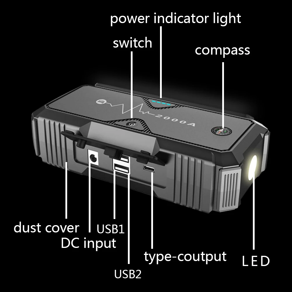 20000mah 2000A 12v надежный высокомощный автомобильный перемычка стартер Bettery Jumper Strobe SOS