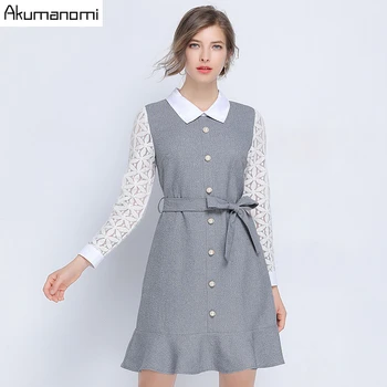 

Autumn Spring Dress Women Plus Size 5xl-l Turn-down Collar Lace Long Sleeve gray Casual Office party Elegant Dress Vestido Robe