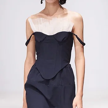 

Sexy Mesh Patchwork Women Tops Slim Sling 2020 Fashion Summer Slim Short Vest