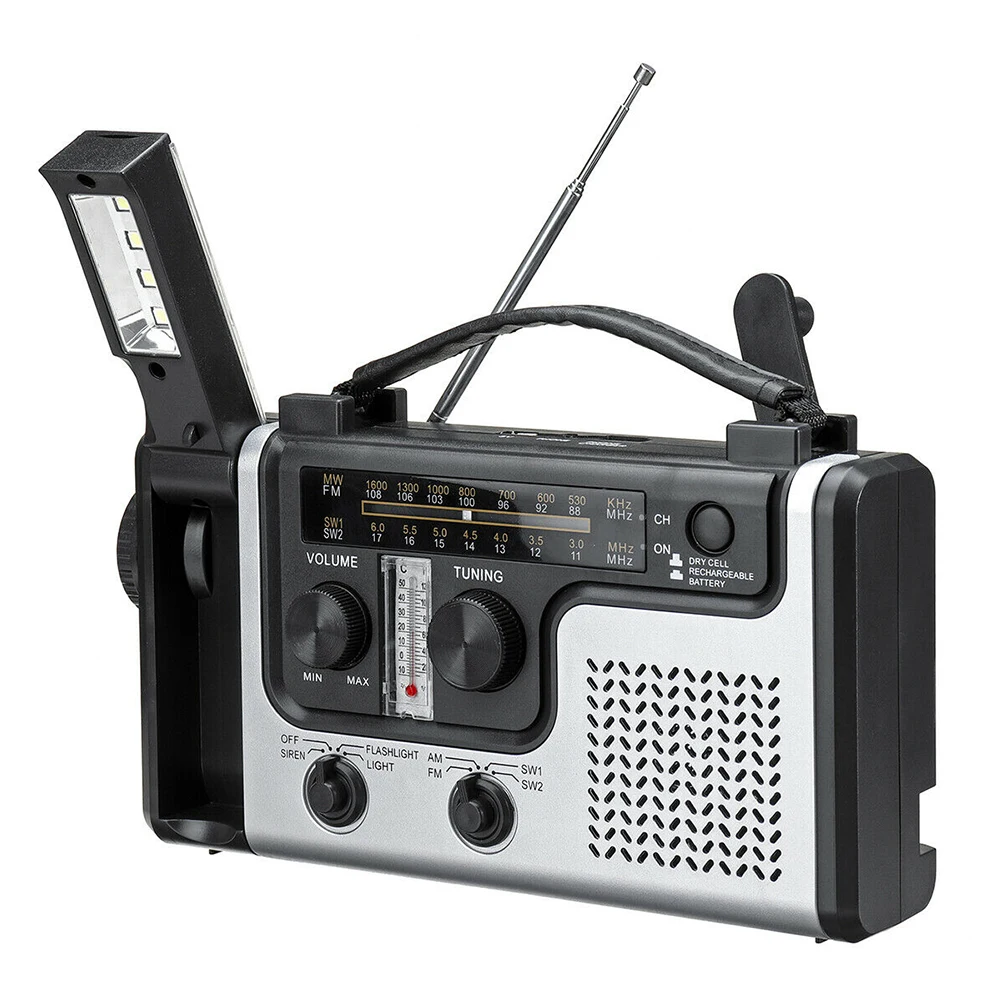 

Emergency Solar Multifunctional Hand Crank Radio Reading Lighting USB Charging AM FM SW1 SW2 Built-in Speaker Dynamo Thermometer