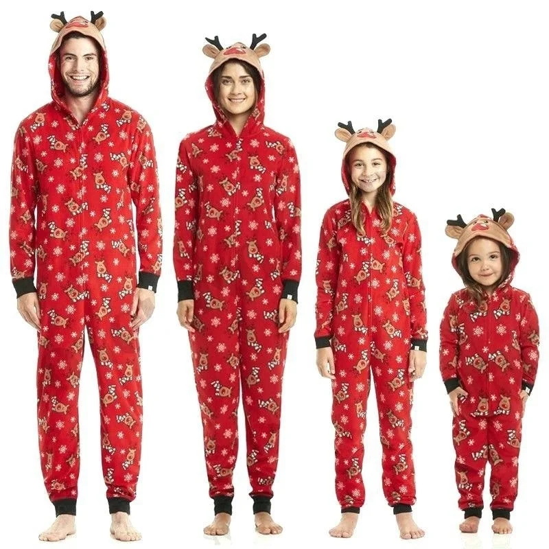 Комплект одинаковых рождественских пижам для всей семьи; Пижама с изображением оленя; комбинезон с капюшоном; рождественские пижамы для семьи