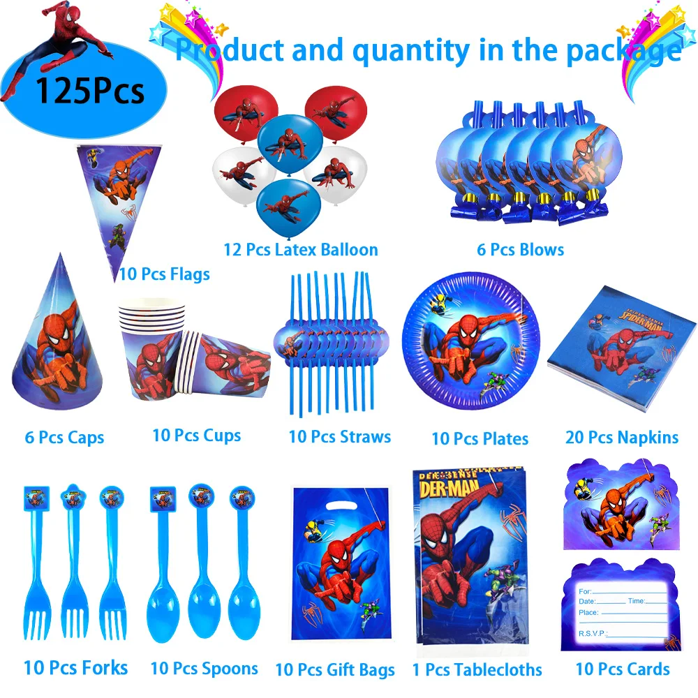 Spiderman Theme Party Supplies Disposable Tableware Set Birthday Party Decorations Paper Plates Cups Napkins Straws Boys Toys