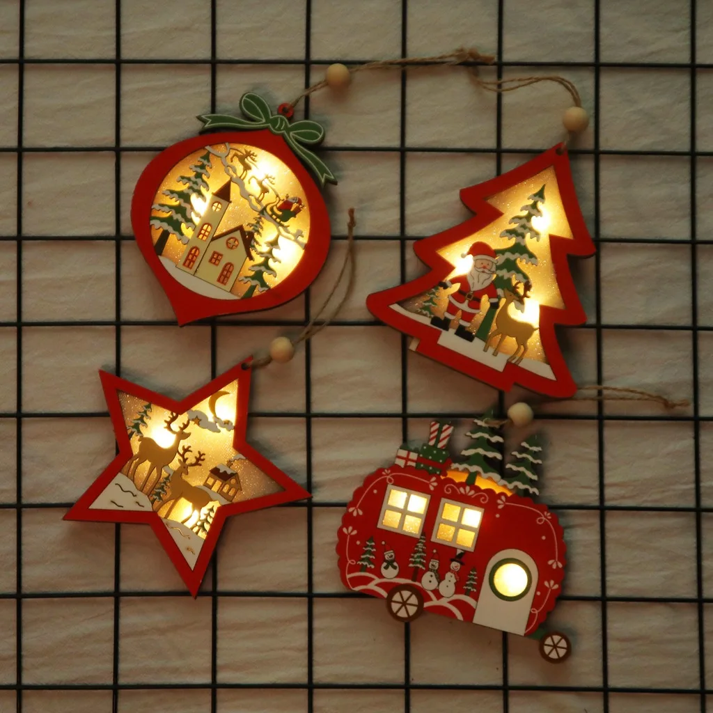Wooden Light Up Christmas Tree Hanging Pendant Elk Santa Clause Snowman Ornaments Christmas Tree Decor Party Decoration