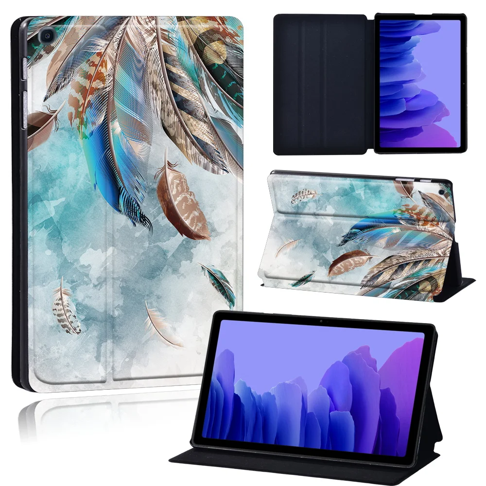Tablets Case for Samsung Galaxy Tab A7 10.4 Inch 2020 T500/T505 Printed Feather PU Leather Tablet Stand folio Cover+ Free Stylus