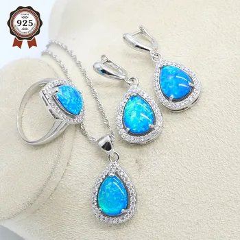 

Blue Natural Opal Silver Color Jewelry Set for Women Earrings Necklace Pendant Ring Birthday Gift