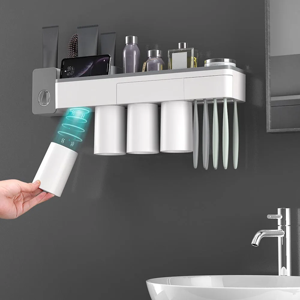 

Behogar Self-adhesive Magnetic Toothbrush Cup Holder Wall Mount w/Phone Makeup Holder Drawer Storage Tray for Bathroom Supplies