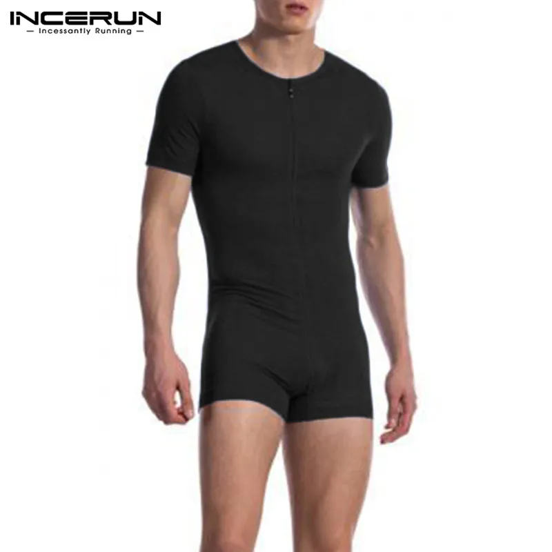 Men Jumpsuits INCERUN Solid Short Sleeve V Neck Zipper Fitness Leisure Homewear Playsuits Cozy Sleepwear