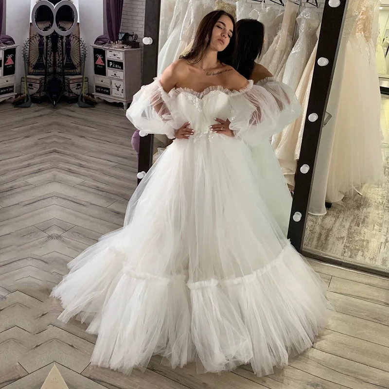 

Princess Wedding Dress Bohemian Sweetheart Pleats Puffy Sleeves A-Line Tulle Wedding Gown Bride vestidos de novia 2020