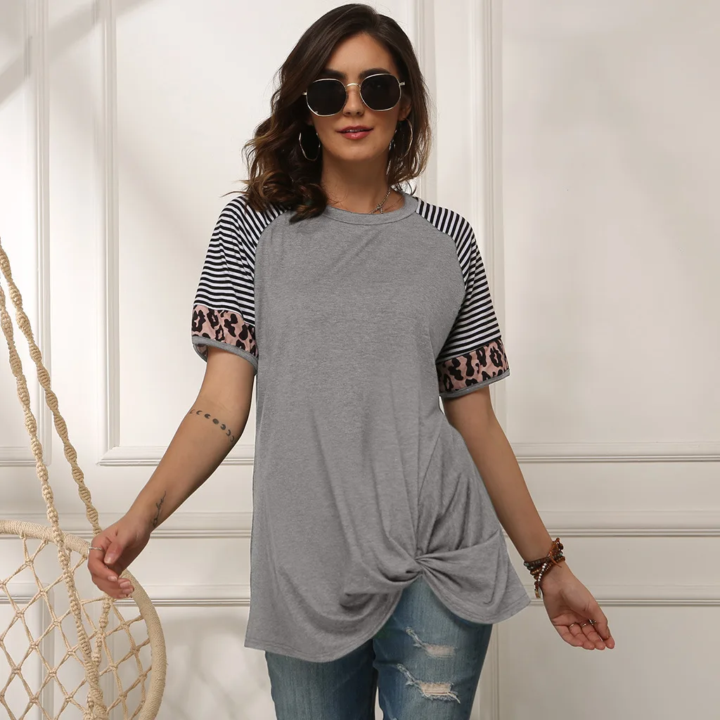 Женская Повседневная футболка с леопардовым принтом, с коротким рукавом, с круглым вырезом, в полоску, весна-лето, топы, женская футболка, Femme ropa mujer