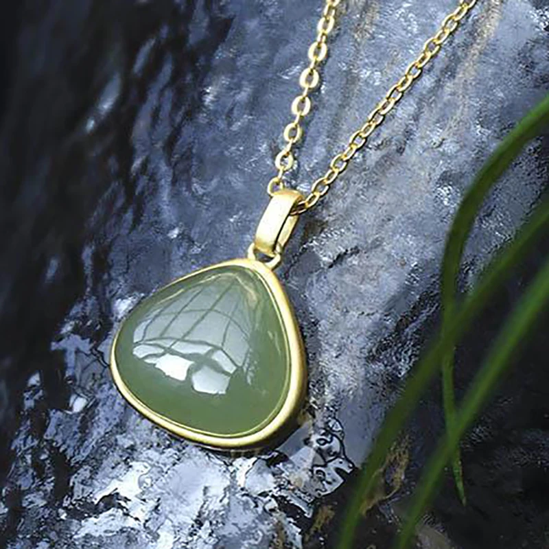 SNew silver natural Hetian jasper jade Chinese style retro cold light luxury pendant duck egg blue drop-shaped women's necklace |