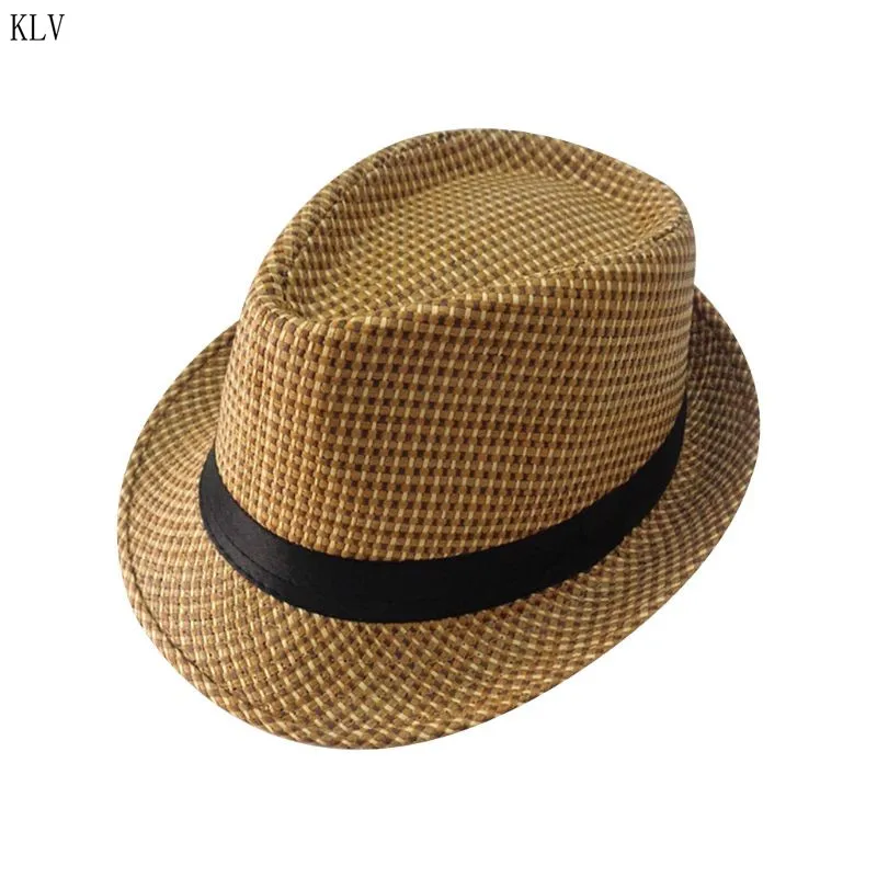 Для мужчин Винтаж летняя пляжная шляпа белье Короткие вьющиеся Брим Твердые Цвет джаз шляпа широкая лента выдалбливают Top Hat Англия Стиль