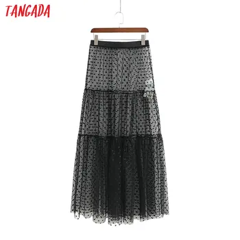 

Tangada women black dots transparent long skirt faldas mujer vintage strethy waist female sexy beach skirts 1D187