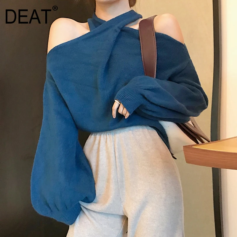 

[DEAT] 2019 New Spring Round Neck Strapless Long Lantern Sleeve Loose Temperament Knitting Sweater Women Fashion Tide 13D501