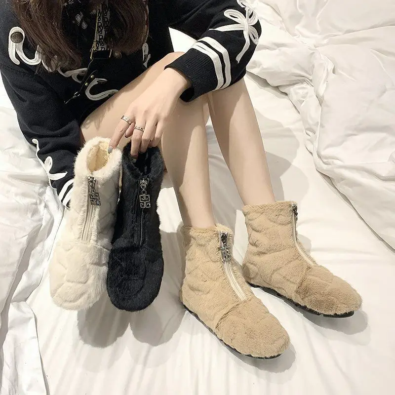 New Winter Cotton Boots Women's Fur Short Boots Soft Bottom Comfort Front Zipper Mink Fur Snow Boots Slip On Women Boots Fashion