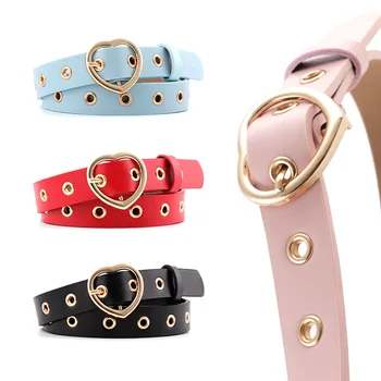 

Belts for Women Luxury Brand Casual Golden Heart Buckle Punk Rivet PU Leather Black Red Women's Jeans Trousers Waistband