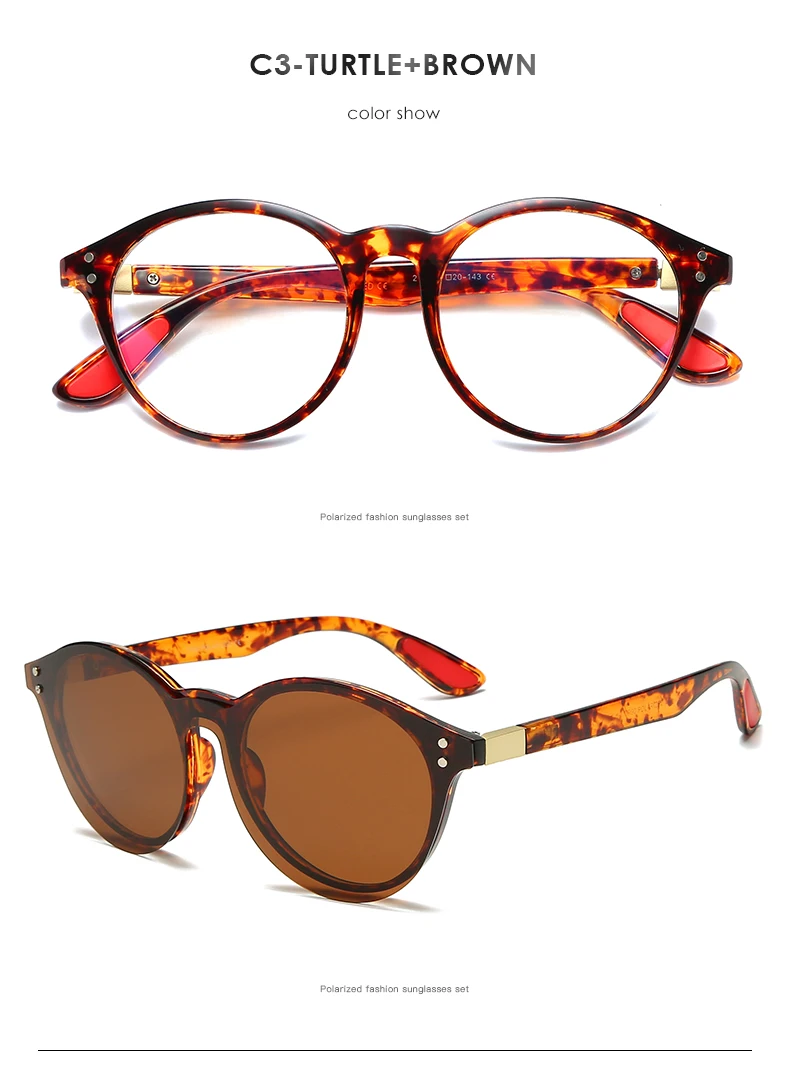 Винтажные Поляризованные солнцезащитные очки Черепаха круглые очки Съемные оправа с прозрачными линзами Вождение прикрепляемые очки Goggle Gafas UV400 - Цвет линз: C3Tuitle Brown