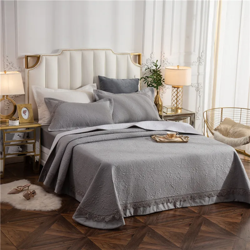 New 1pc 245x245cm and 245x265cm gray white cotton Bedspread and 2pcs pillowcase blanket Duvet Quilt bed cover