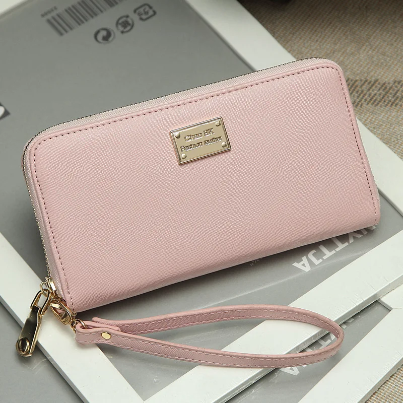 Кожаный женский короткий кошелек, Женская застежка-молния, два сложения, перекрестный принт, мульти-карта, карман, кошелек - Цвет: Long pink