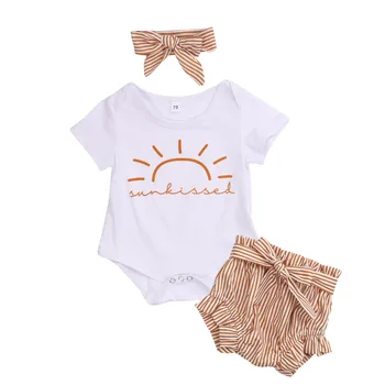 

3Pcs Baby Girls Summer Short Sleeve Round Collar Romper + Sweet Striped Shorts + Bow Headwear Outfit Set