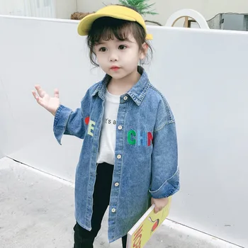 

Small Children's Lapel Letter Print Girl Shirt Fashion Cowboy Long Girls Blouse Lovely Cotton Blend Toddler Denim Casual Blusas