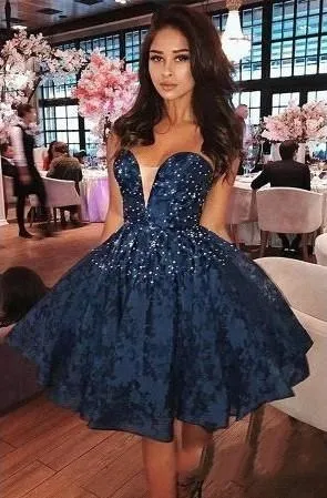 $US $100.55 Little Dark Navy Lace Arabic Short Homecoming Dress  Sweetheart Sleeveless Holiday Club Party Cocktail Dress Custom Made