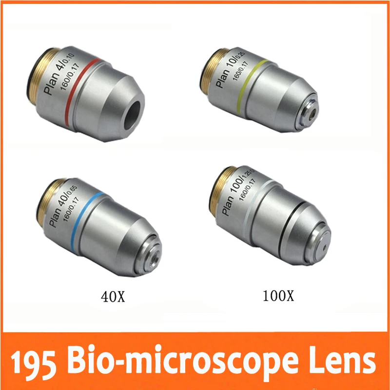 

4X 10X 40X 100X L=195 Plan Achromatic Objective Lens for Bio-Microscope Biological Microscope with Thread Diameter 20.2MMx0.705