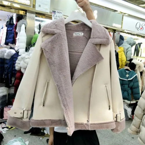 Зимняя овечья шерсть, Женская куртка на молнии из искусственной овчины, замшевые кожаные куртки, женские модные бархатные теплые мотоциклетные пальто - Цвет: Розовый