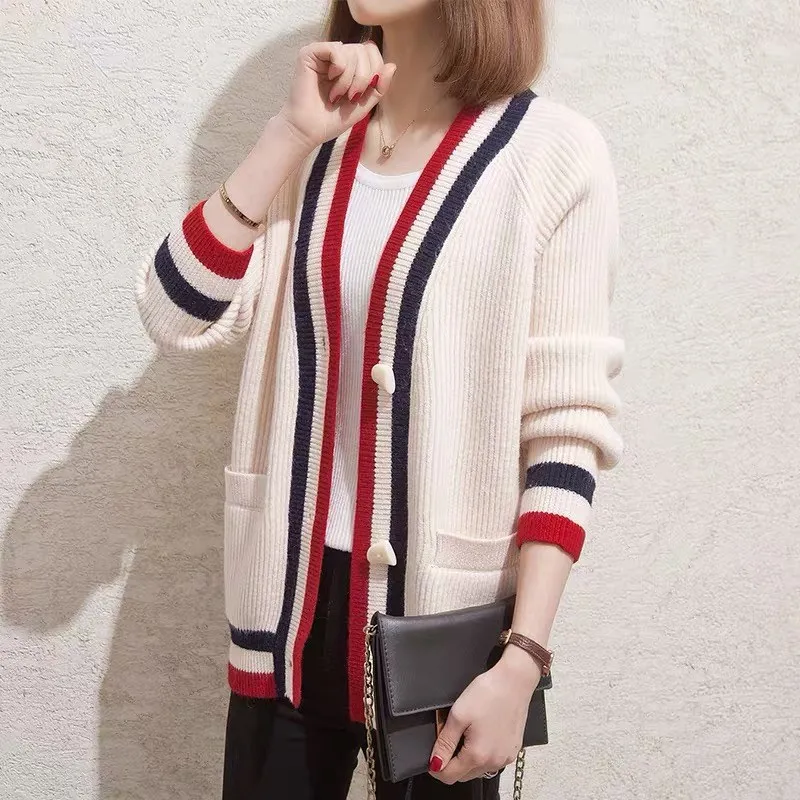 

Horn Button Hit Color Striped Cardigan Sweater Women 2021 Autumn New Ethnic Style Loose Long-sleeved Knitted Jacket
