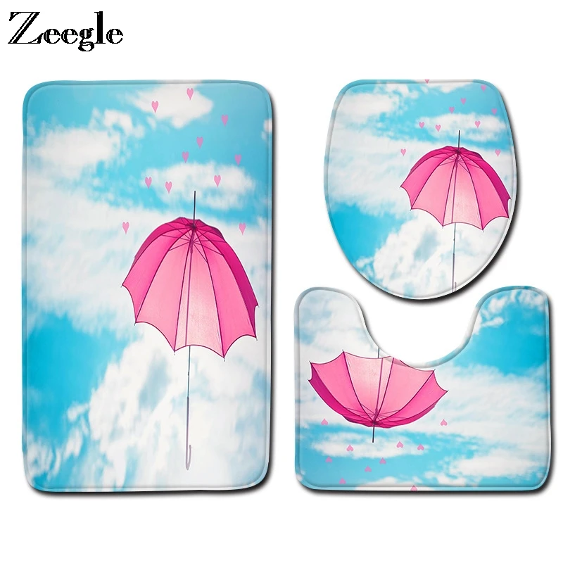 Zeegle Toilet Set Anti Slip Bathroom Doormat Shower Mat Flannel Soft Toilet Pedestal Absorbent Foot Mat Soft 3pcs Bath Mat Set