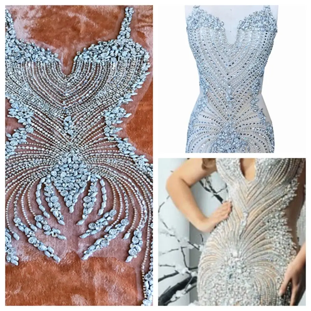 hand made sew on bodice Rhinestones  applique on mesh s crystals full body  patches 86*40cm/75*35cm  wedding dress accessory
