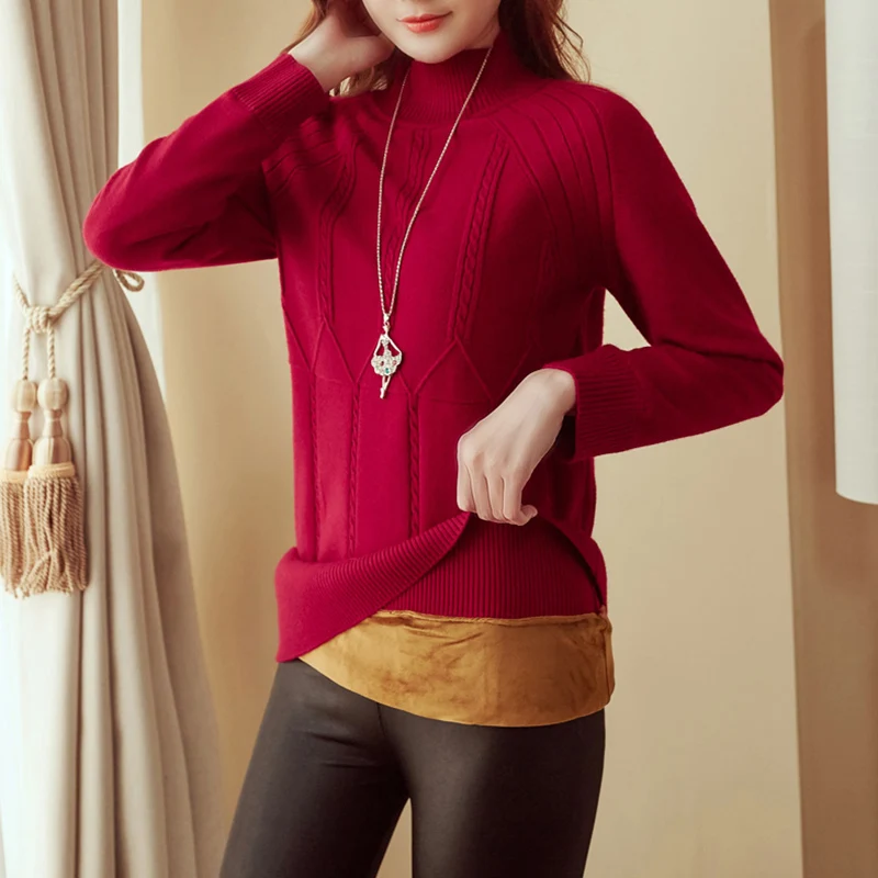 Зимний свитер женский плюс бархатный теплый вязаный пуловер Половина Водолазка с длинным рукавом свитер джемпер повседневная женская верхняя одежда