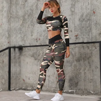 

2020 Multiple Colors Womens New Yo-ga Suit Hot Sale Camouflage Tight Top Sports Fitness Pants Ladies Fitness Suit Two Piece Set