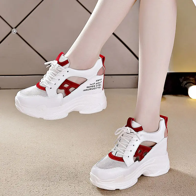 

Women high rise white shoes mesh thick bottom hollow breathable sports leisure shoes comfortable running women sneakers