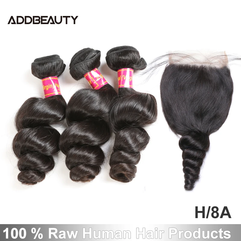 【Addbeauty】свободная волна 3/4 пряди с закрытием шнурка 10 &quot 26&quot H бразильские волосы