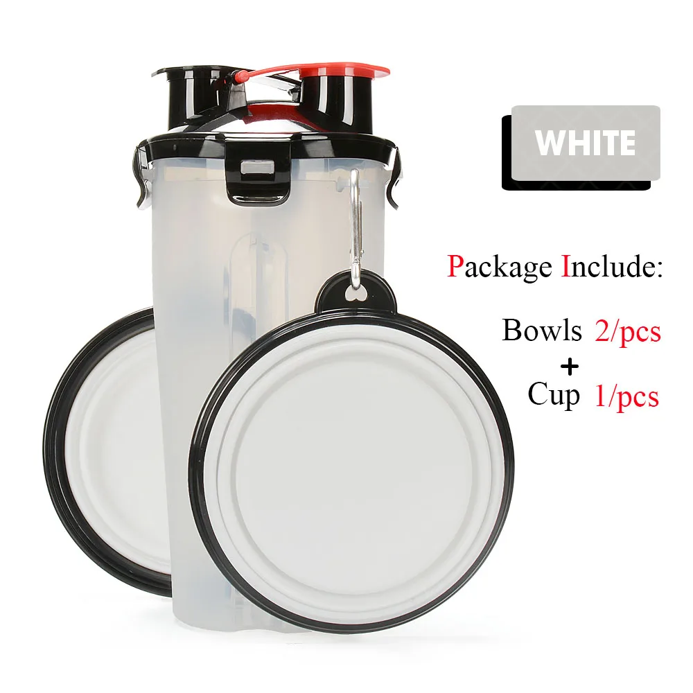 white wIth 2 bowl Портативная 2 в 1 ПЭТ бутылка для воды контейнер для еды со складной силиконовой миской для домашних животных уличная дорожная кормушка для кошек и собак чашка - Цвет: white wIth 2 bowl
