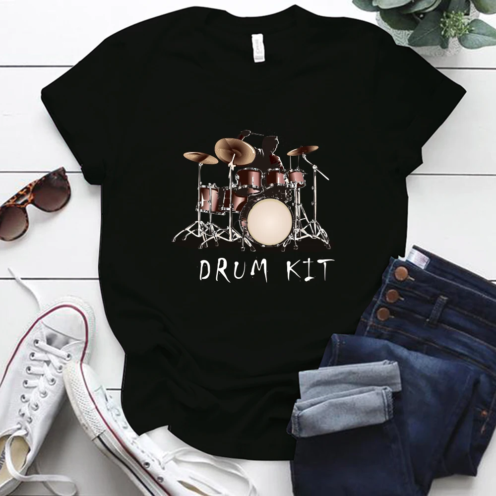 Drum Kit Printed Tshirts Women Jazz Rock Short Sleeve Wpman Shirts Plus Size Harajuku Tees Female Ropa De Mujer | Женская одежда
