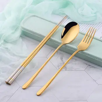 

3Pcs Portable Cutlery Set Stainless Steel Fork Spoon Chopsticks with Gift Bag&Box Practical Student Flatware Travel Dinnerware