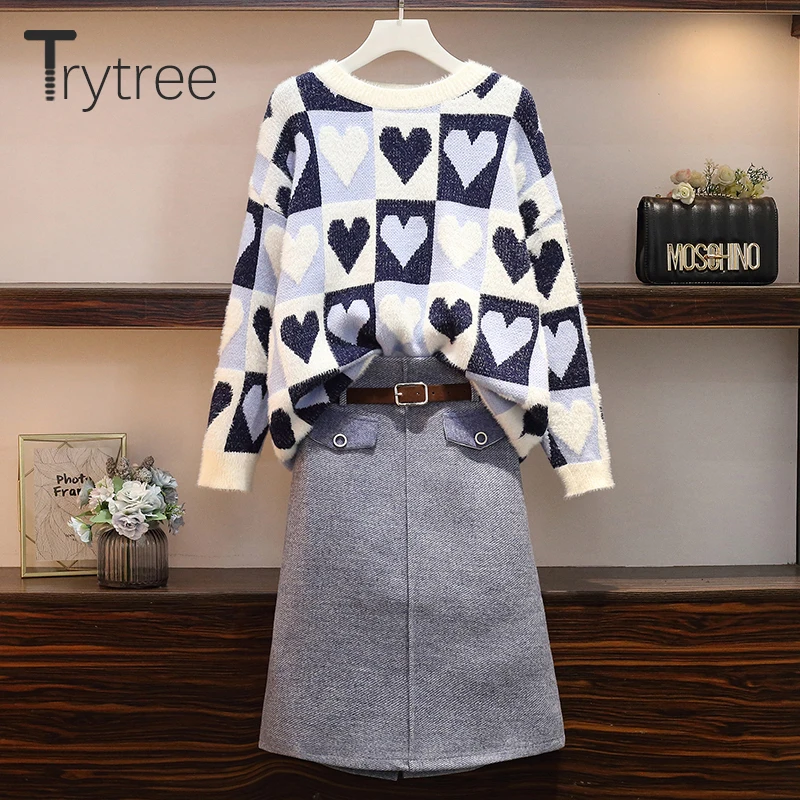 

Trytree Autumn Women Two Piece Set Casual O-neck Geometric Pullover Tops + Skirt Pockets Zipper Mini Office Lady 2 Piece Set